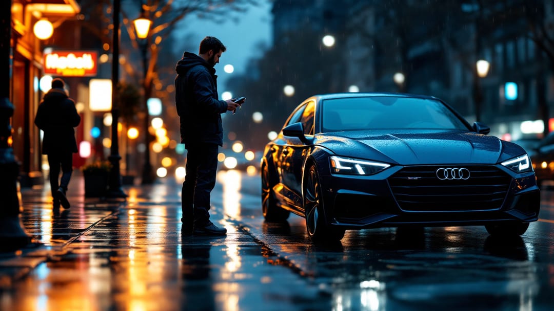 Mobile automotive locksmith holding an Audi smart key beside a luxury Audi sedan at the vehicle