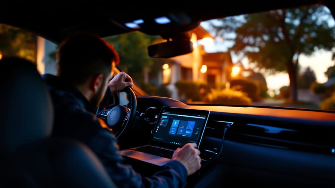 Automotive locksmith running a diagnostic session on a BMW to program the key module in Arlington, Texas