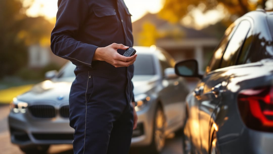 Mobile automotive locksmith holding a BMW comfort-access proximity fob next to a luxury sedan