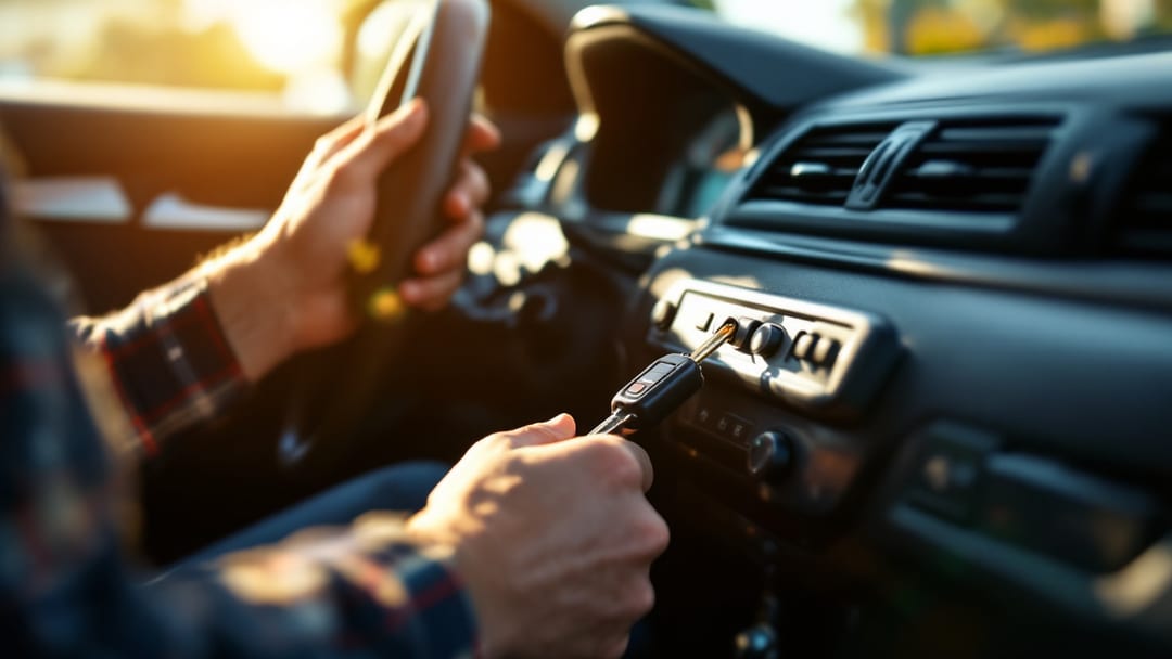 Mobile locksmith connecting a diagnostic programmer to a car OBD port to program a new transponder key