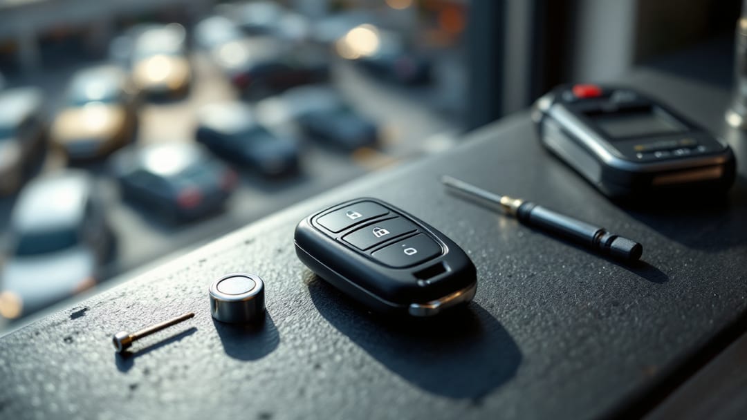 A key fob opened up on a workbench with a fresh coin-cell battery and diagnostic tools nearby