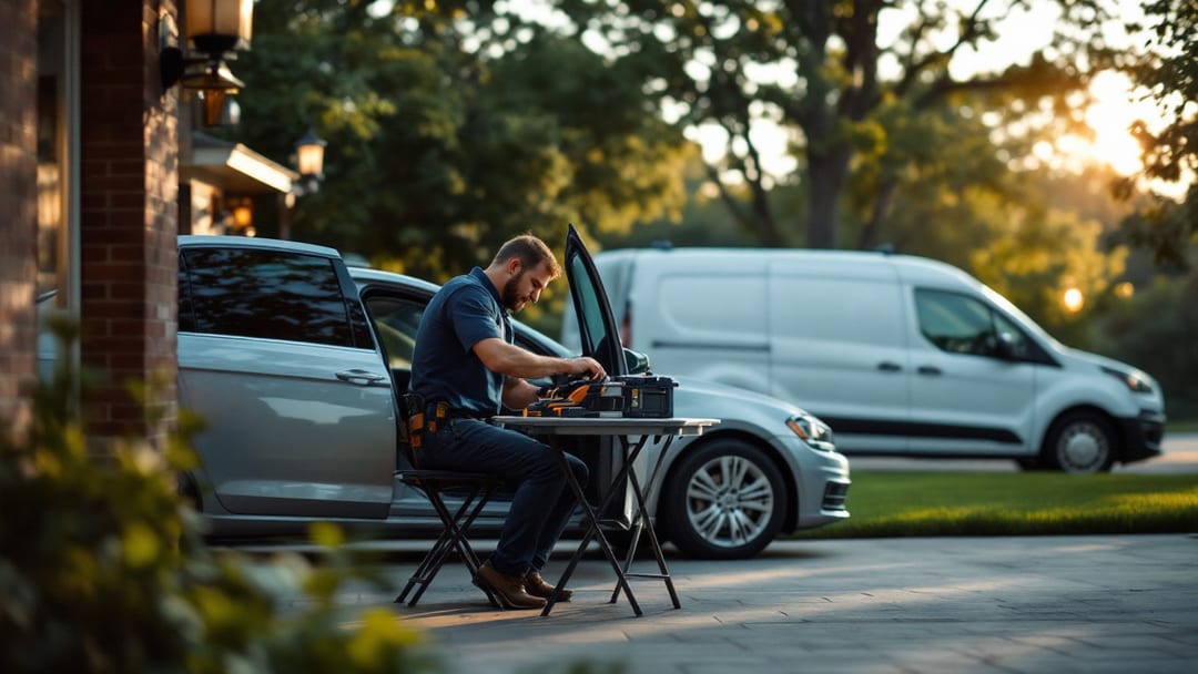 Mobile locksmith van parked in a residential driveway while a technician cuts a car key in Arlington, Texas