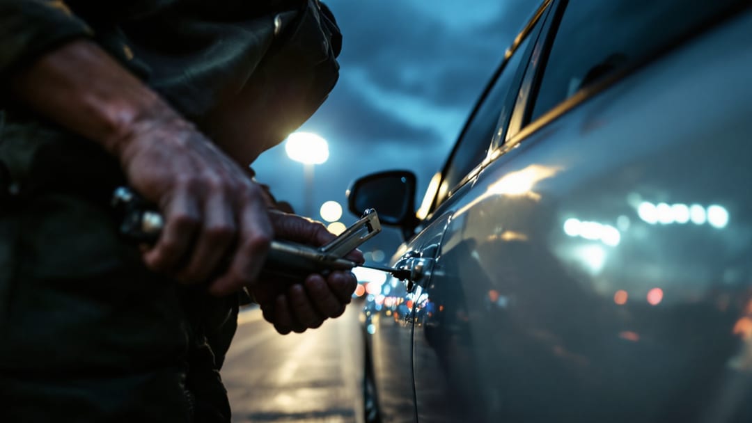 Mobile locksmith unlocking a sedan in a crowded stadium parking lot near Arlington venues at dusk