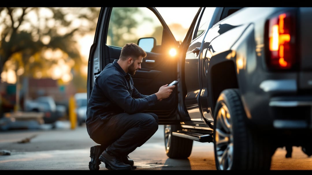 Mobile locksmith programming a Chevrolet Silverado key fob at a job site in Arlington Texas