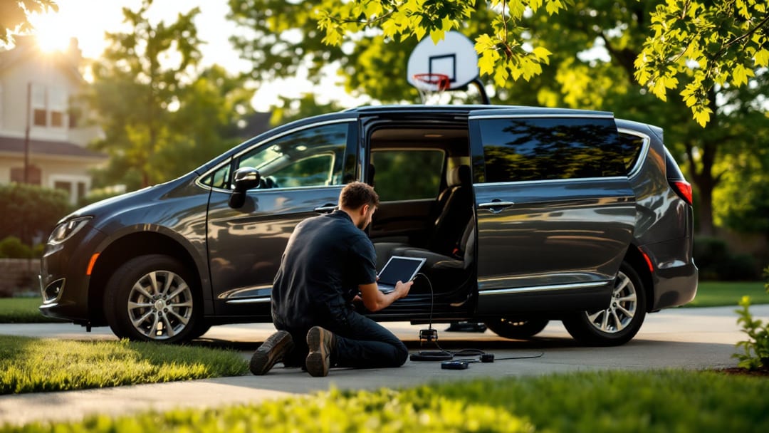 Locksmith connecting a diagnostic interface to a Chrysler Pacifica minivan to program its RF hub module in Arlington, Texas