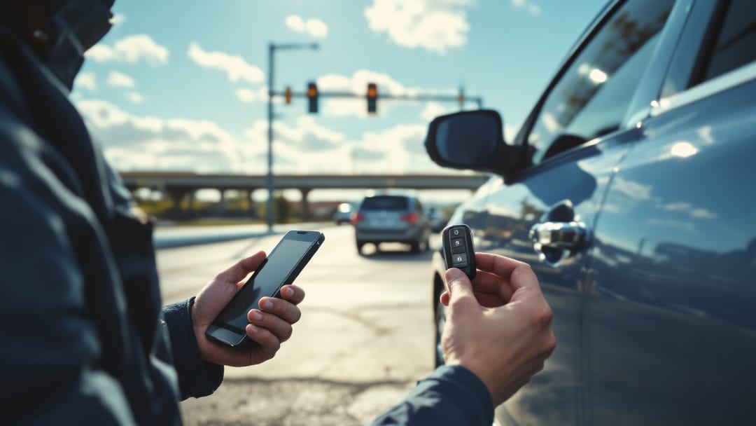 Mobile locksmith cutting and programming a car key at the roadside next to a vehicle in Arlington Texas