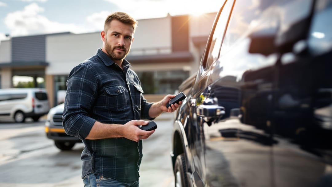 Mobile locksmith programming a Ford F-150 smart key fob at a truck parked in Arlington Texas