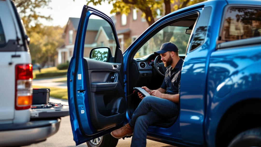 Mobile locksmith programming a spare Ford Ranger key fob at the open door of a pickup in Arlington, Texas