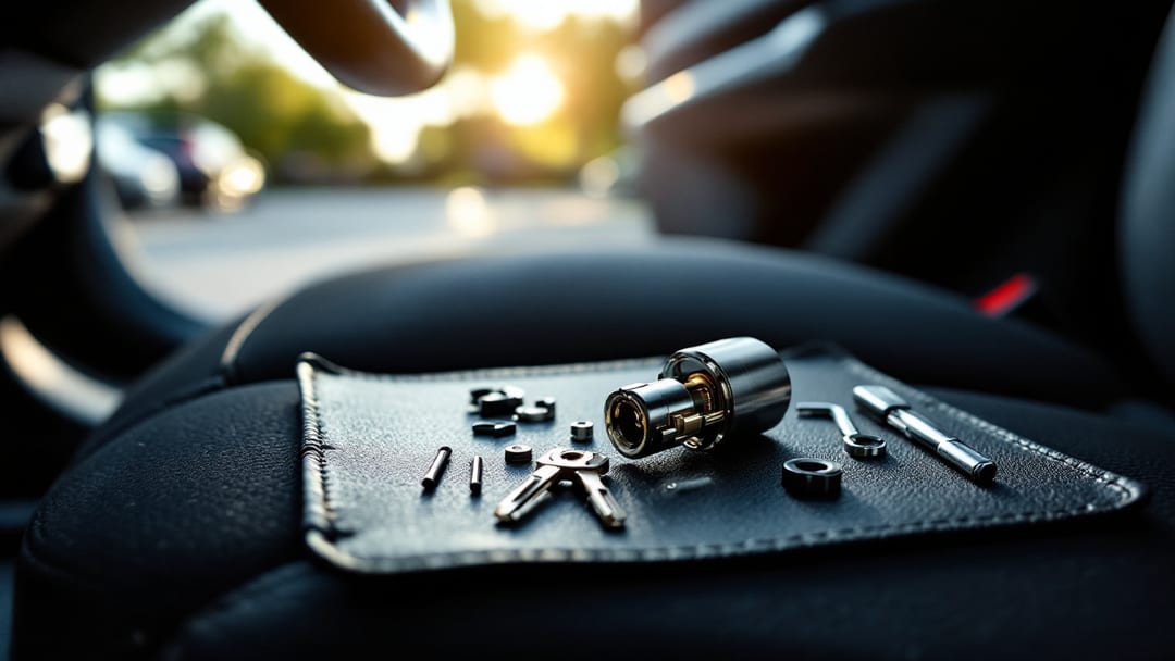 Locksmith servicing the ignition lock cylinder of a GMC Acadia crossover in an Arlington parking lot