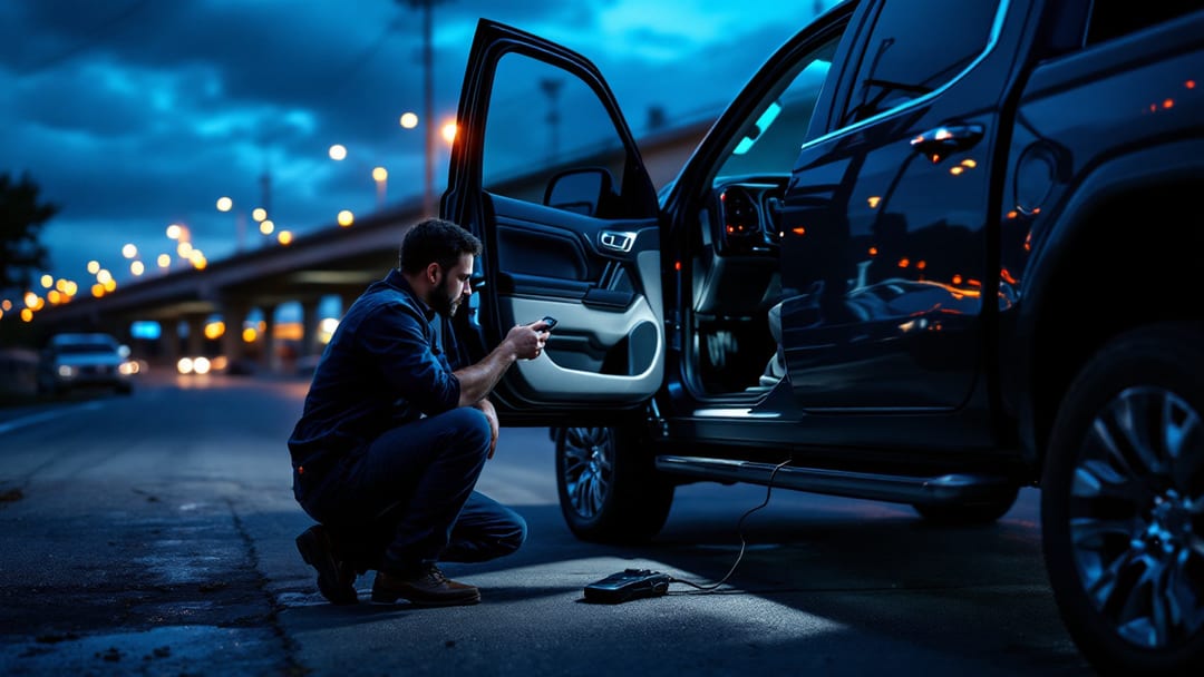 Mobile locksmith programming a GMC Sierra Denali proximity key fob along the I-20 corridor in Arlington Texas
