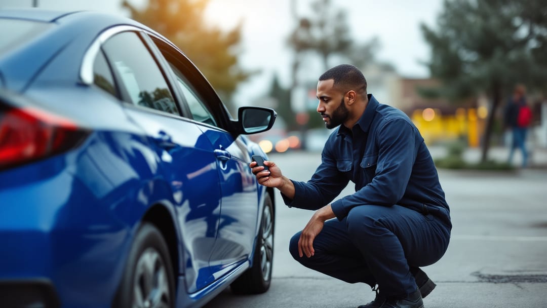 Mobile automotive locksmith programming a Honda Civic Smart Entry key at the car in Arlington TX