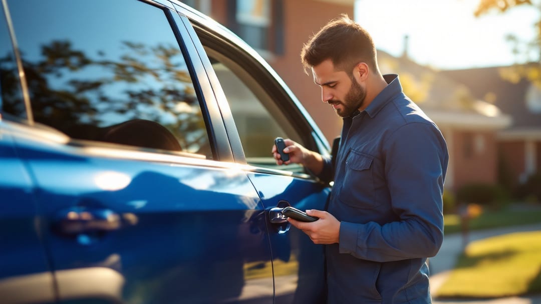 Mobile locksmith programming a spare Honda Ridgeline key fob at the truck in an Arlington driveway
