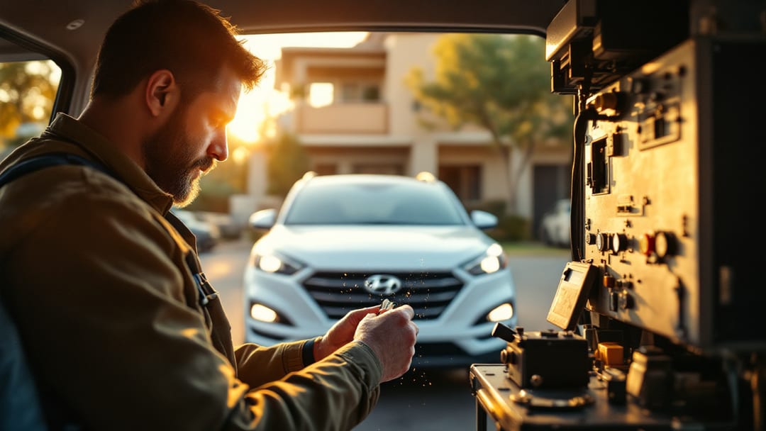 Locksmith cutting and programming a replacement Hyundai Tucson smart key at the vehicle in Arlington