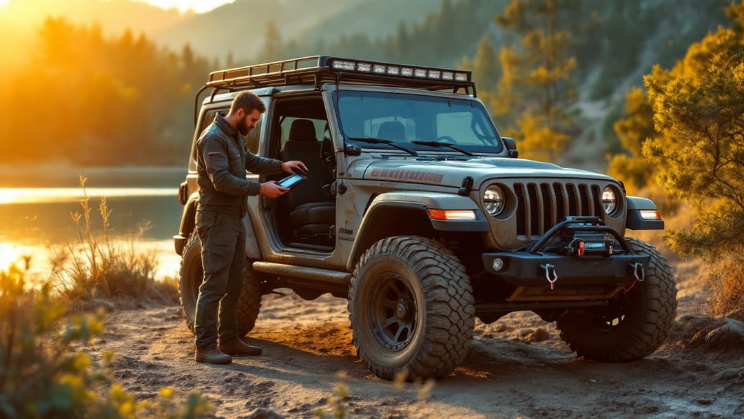 Mobile locksmith programming a Jeep Wrangler smart fob at the trailhead near Lake Arlington