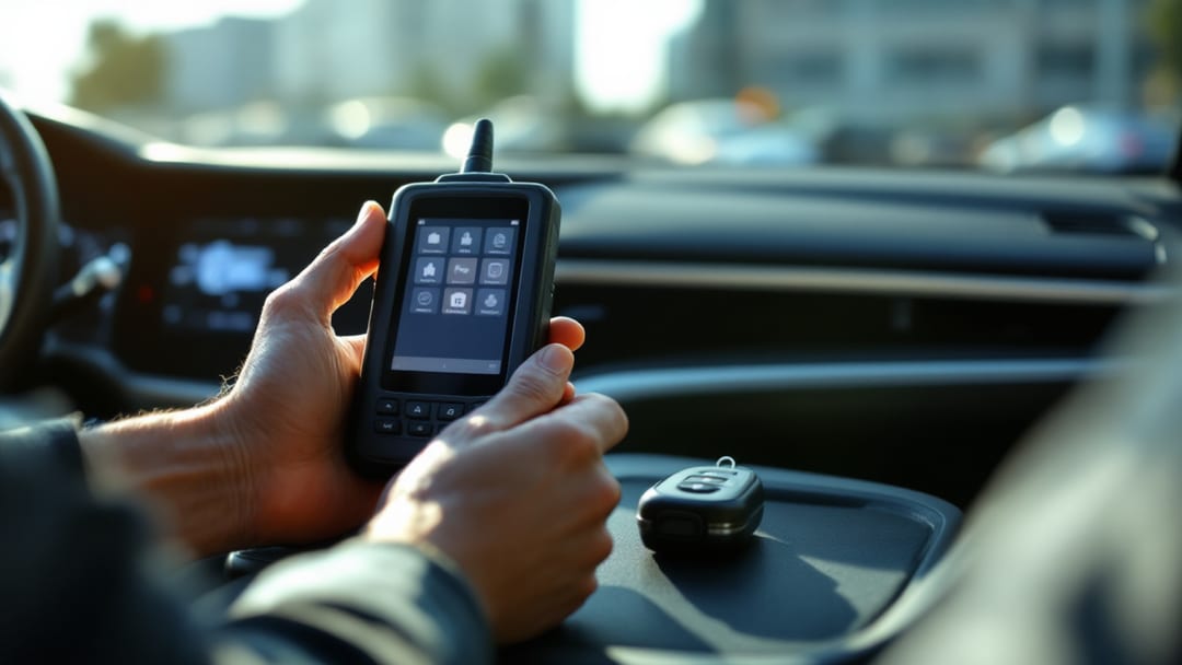 Automotive locksmith programming a customer key fob with a handheld diagnostic tool in Arlington