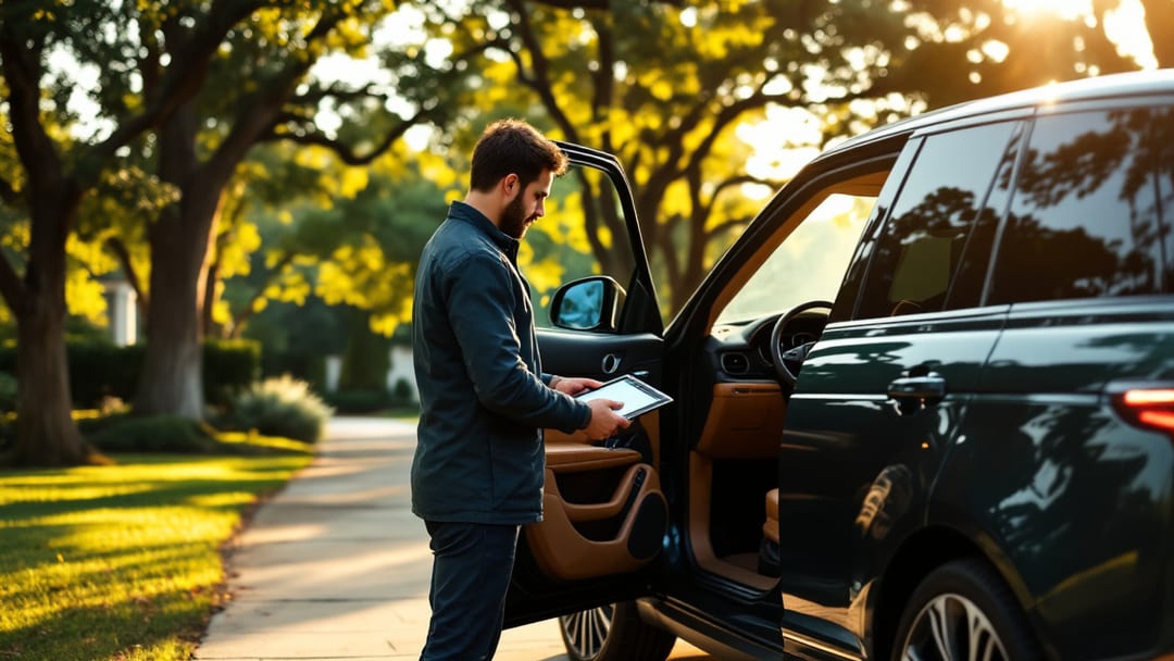 Locksmith programming a replacement Land Rover smart key beside a Range Rover in an Arlington driveway