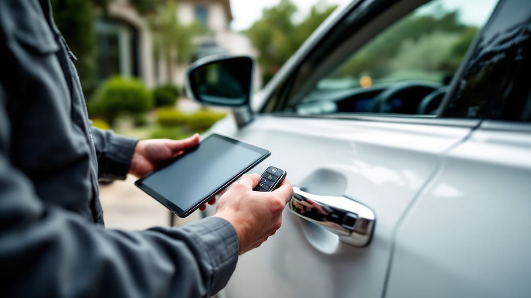 Locksmith preparing a replacement Lexus ES smart key beside a luxury sedan in an Arlington, Texas driveway
