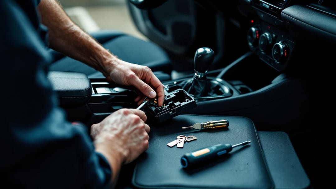 Locksmith servicing the ignition lock cylinder of a Mazda CX-9 at the steering column in Arlington, Texas