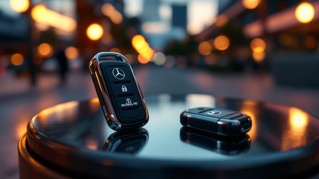 Mercedes-Benz SmartKey and Keyless-Go proximity fob on a valet stand in a premium Arlington parking lot