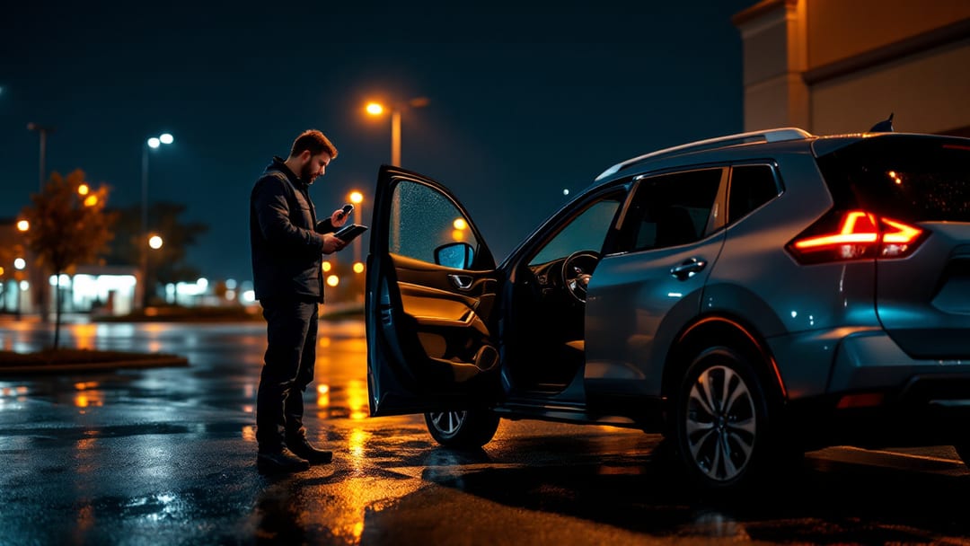 Mobile automotive locksmith programming a Nissan Rogue Intelligent Key at the SUV in Arlington TX