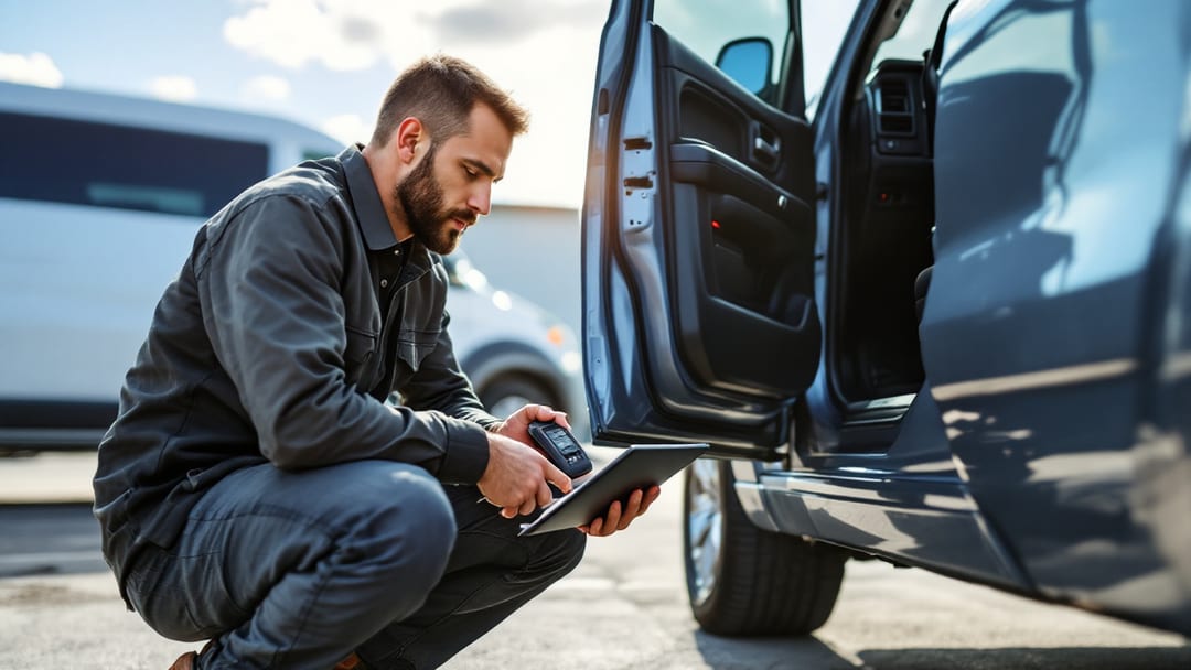 Mobile automotive locksmith programming a RAM 1500 push-to-start key fob at the truck
