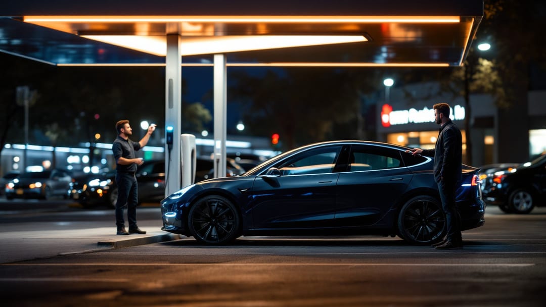 Mobile automotive locksmith beside a modern electric vehicle holding a Tesla key card in Arlington TX