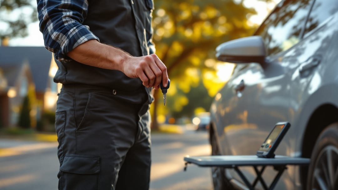 Automotive locksmith cutting and programming a replacement Toyota Corolla key beside the vehicle in Arlington, Texas