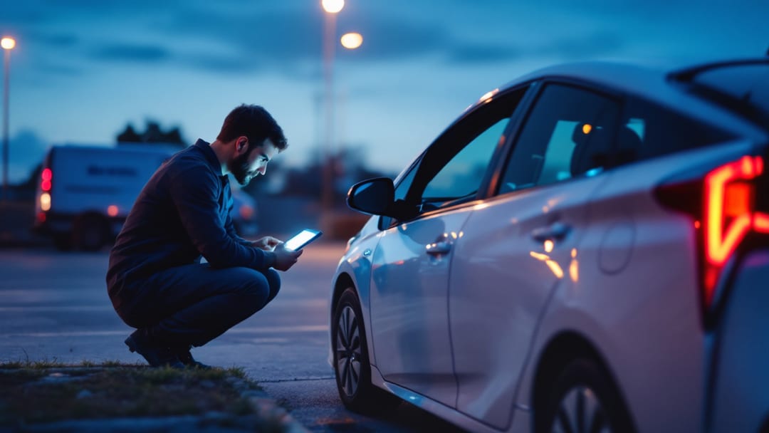 Automotive locksmith performing all-keys-lost programming on a Toyota Prius hybrid in an Arlington parking lot