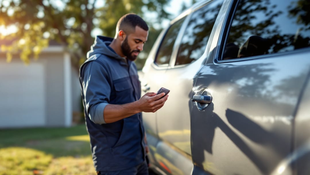 Mobile locksmith programming a Toyota Tacoma smart key beside the truck in an Arlington driveway