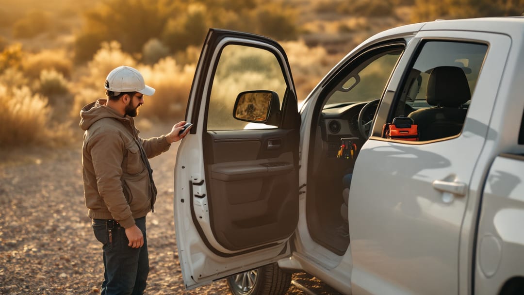 Mobile locksmith programming a spare smart key for a Toyota Tundra pickup at a job site in Arlington, Texas