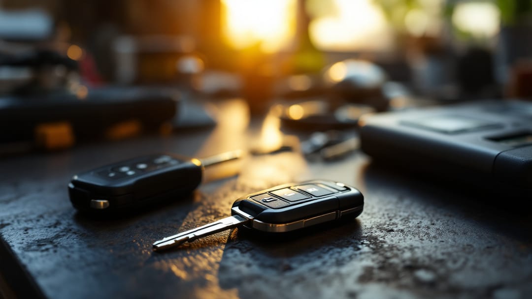 A chip transponder key and a push-to-start smart key fob side by side on a workbench with key programming tools