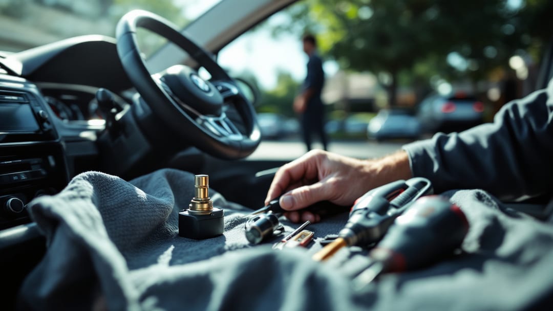 Locksmith repairing a Volkswagen Tiguan ignition lock cylinder at the steering column in Arlington